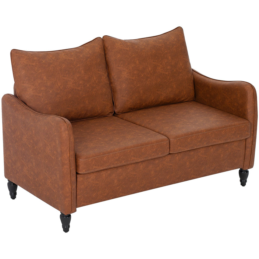 55" Loveseat Sofa, Small 2 Seater Couch with Solid Wood Legs, Modern PU Leather Upholstered Sofa for Small Spaces, Brown