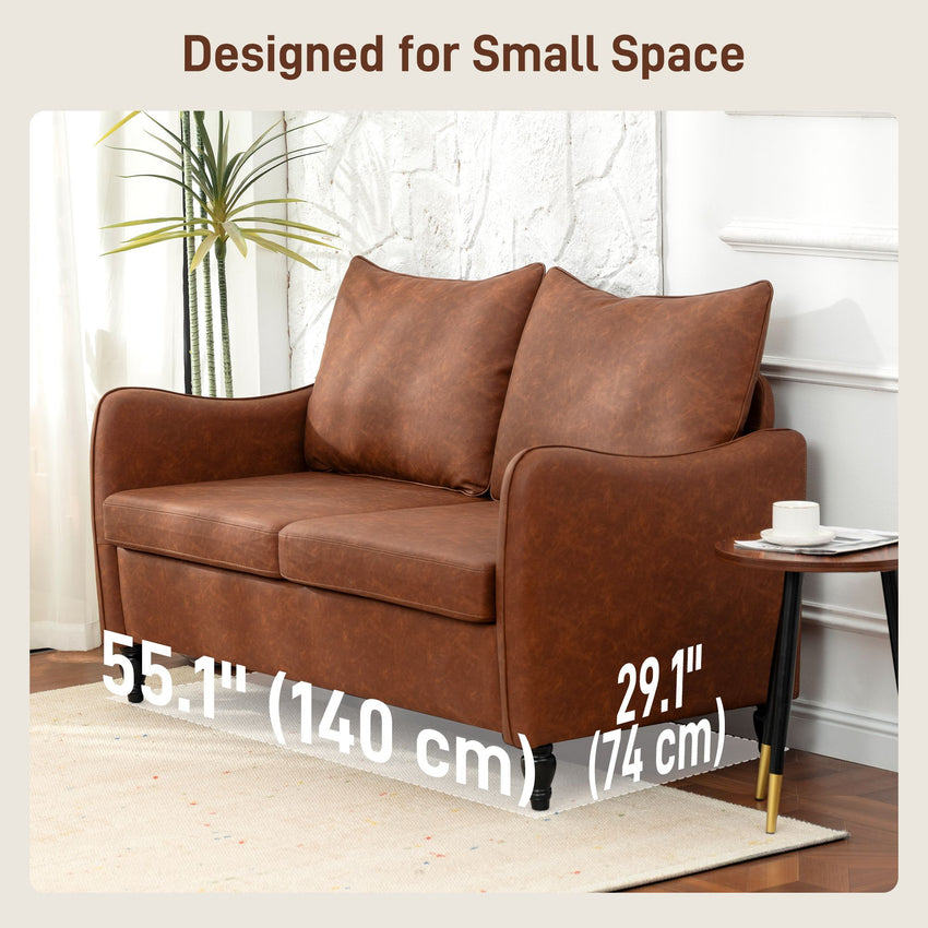 55" Loveseat Sofa, Small 2 Seater Couch with Solid Wood Legs, Modern PU Leather Upholstered Sofa for Small Spaces, Brown