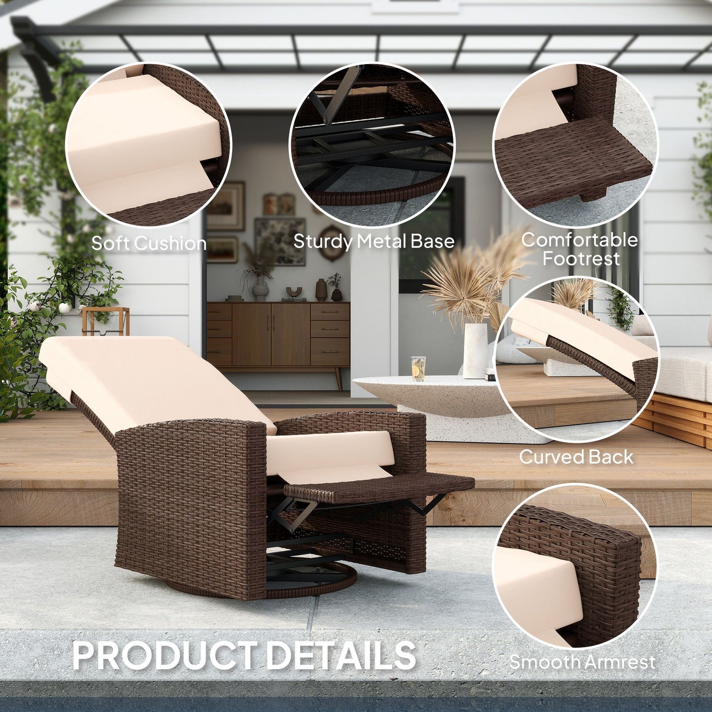 Outdoor Rattan Wicker Lounge Chair with Footrest & Soft Cushion for Patio, Garden, Backyard, Cream White