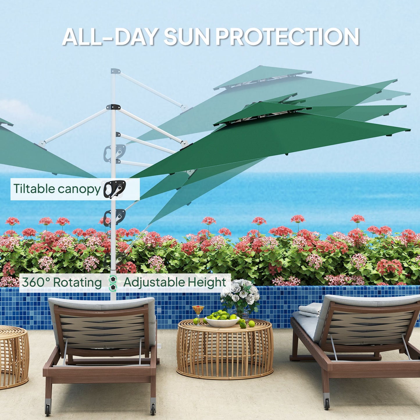10 FT Cantilever Patio Umbrella with 360° Rotation & Adjustable Height, Cross Base, Crank and Tilt, Dark Green