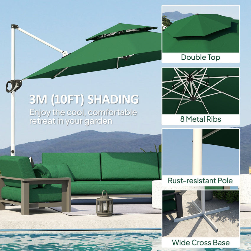 10 FT Cantilever Patio Umbrella with 360° Rotation & Adjustable Height, Cross Base, Crank and Tilt, Dark Green