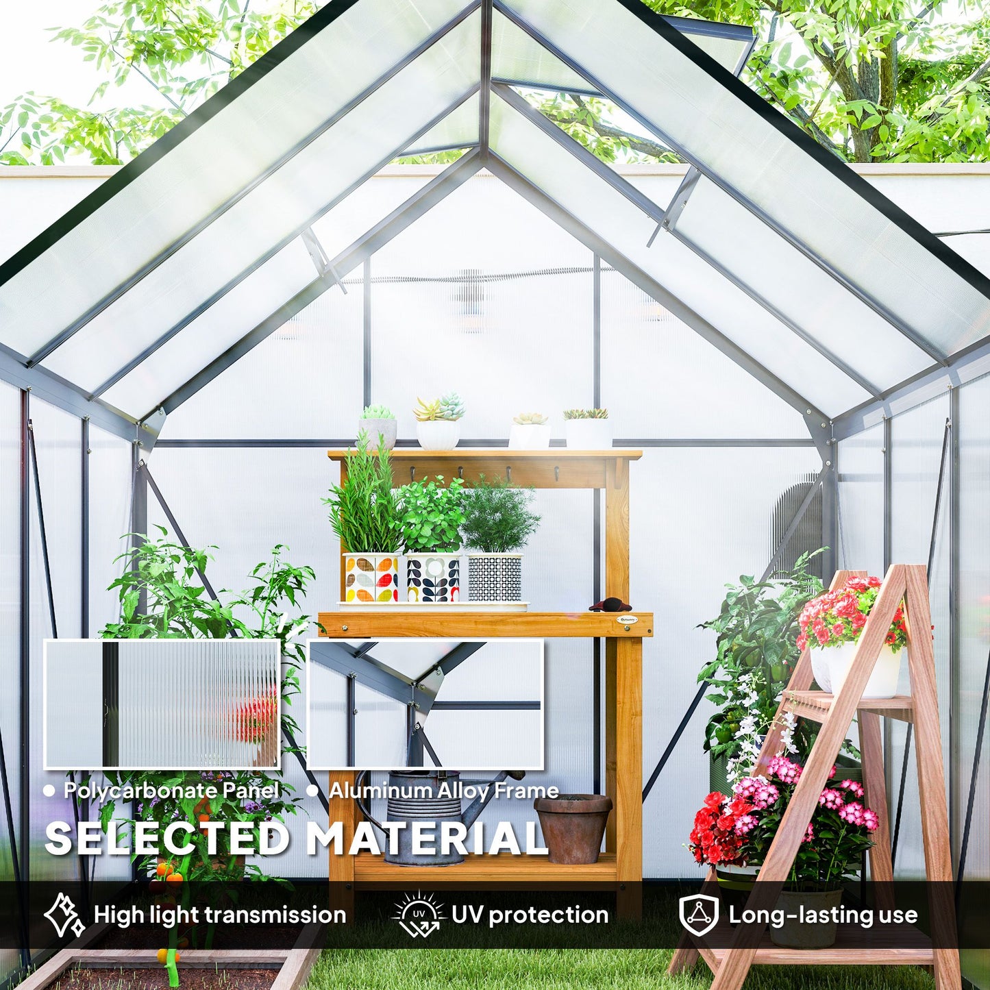 6' x 6' x 6.5' Polycarbonate Greenhouse, Walk-in Green House with Adjustable Roof Vent, Galvanized Base, Sliding Door and Rain Gutter for Outdoor, Garden, Backyard, Grey