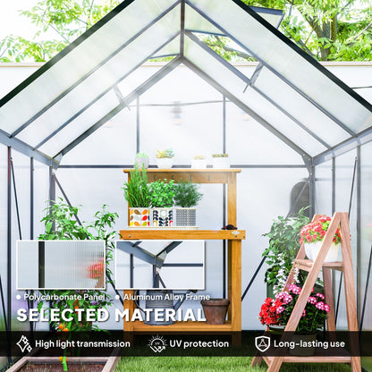 6' x 6' x 6.5' Polycarbonate Greenhouse, Walk-in Green House with Adjustable Roof Vent, Galvanized Base, Sliding Door and Rain Gutter for Outdoor, Garden, Backyard, Grey