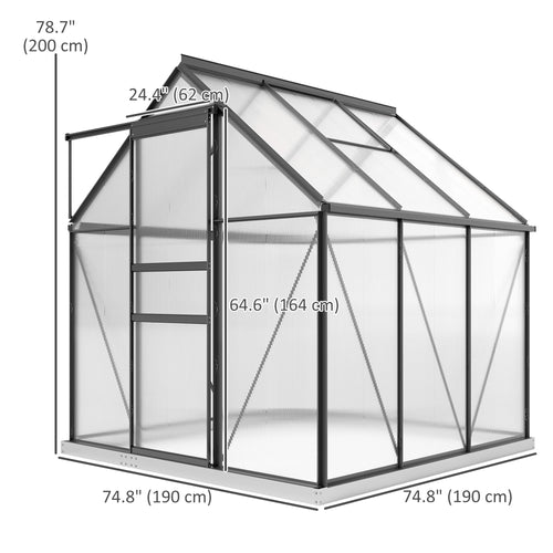 6' x 6' x 6.5' Polycarbonate Greenhouse, Walk-in Green House with Adjustable Roof Vent, Galvanized Base, Sliding Door and Rain Gutter for Outdoor, Garden, Backyard, Grey