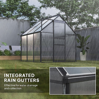 6' x 6' x 6.5' Polycarbonate Greenhouse, Walk-in Green House with Adjustable Roof Vent, Galvanized Base, Sliding Door and Rain Gutter for Outdoor, Garden, Backyard, Grey