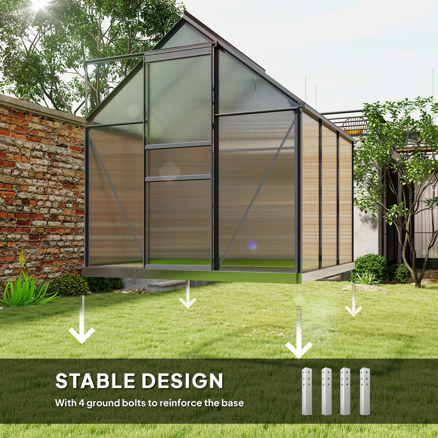 6' x 6' x 6.5' Polycarbonate Greenhouse, Walk-in Green House with Adjustable Roof Vent, Galvanized Base, Sliding Door and Rain Gutter for Outdoor, Garden, Backyard, Grey