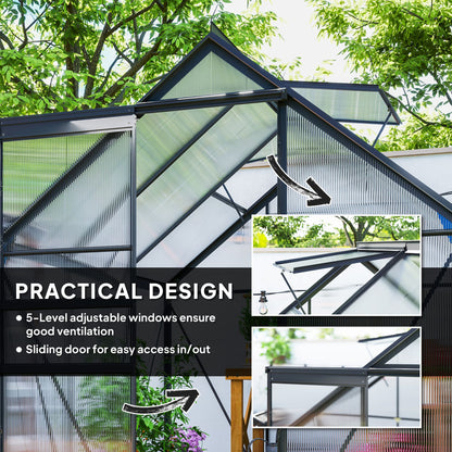 6' x 6' x 6.5' Polycarbonate Greenhouse, Walk-in Green House with Adjustable Roof Vent, Galvanized Base, Sliding Door and Rain Gutter for Outdoor, Garden, Backyard, Grey