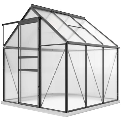 6' x 6' x 6.5' Polycarbonate Greenhouse, Walk-in Green House with Adjustable Roof Vent, Galvanized Base, Sliding Door and Rain Gutter for Outdoor, Garden, Backyard, Grey