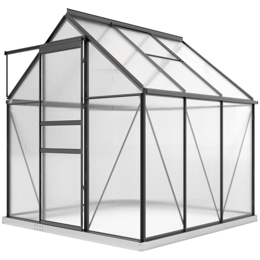 6' x 6' x 6.5' Polycarbonate Greenhouse, Walk-in Green House with Adjustable Roof Vent, Galvanized Base, Sliding Door and Rain Gutter for Outdoor, Garden, Backyard, Grey