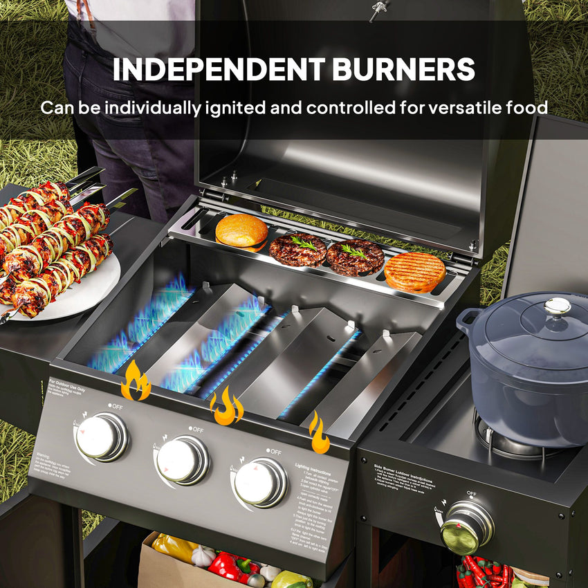 3 Burner Gas Grill with Side Burner, 9.5 KW Propane BBQ Grill, Cabinet Style with Shelves, Wheels, Instant Ignition