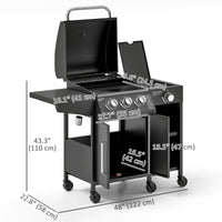 3 Burner Gas Grill with Side Burner, 9.5 KW Propane BBQ Grill, Cabinet Style with Shelves, Wheels, Instant Ignition