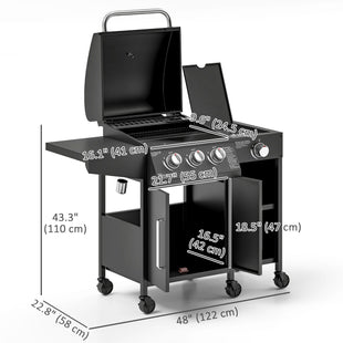 3 Burner Gas Grill with Side Burner, 9.5 KW Propane BBQ Grill, Cabinet Style with Shelves, Wheels, Instant Ignition