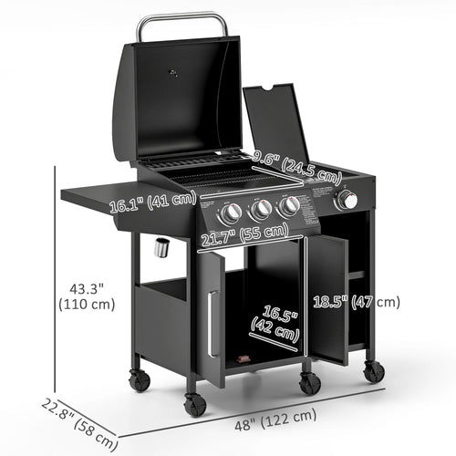 3 Burner Gas Grill with Side Burner, 9.5 KW Propane BBQ Grill, Cabinet Style with Shelves, Wheels, Instant Ignition