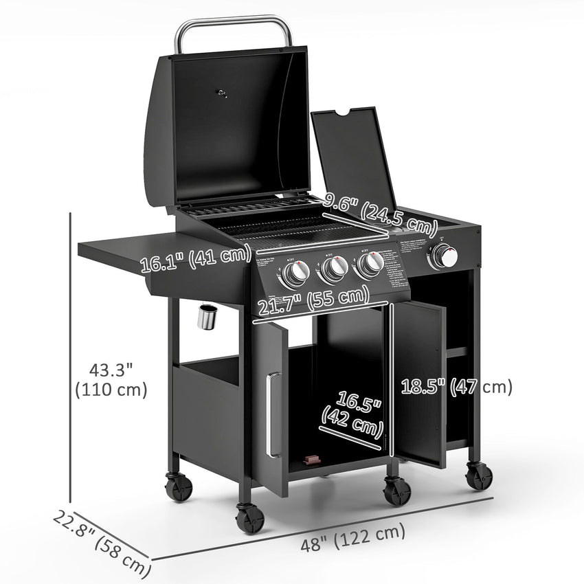 3 Burner Gas Grill with Side Burner, 9.5 KW Propane BBQ Grill, Cabinet Style with Shelves, Wheels, Instant Ignition