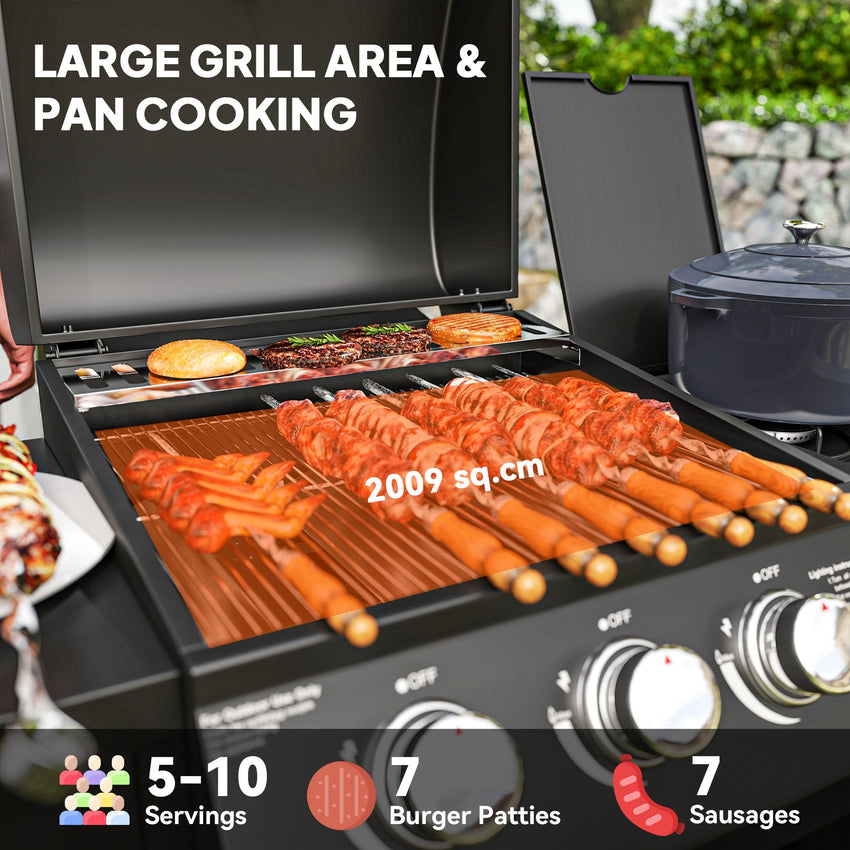 3 Burner Gas Grill with Side Burner, 9.5 KW Propane BBQ Grill, Cabinet Style with Shelves, Wheels, Instant Ignition