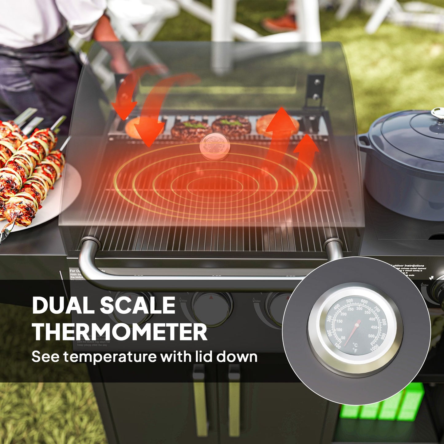 3 Burner Gas Grill with Side Burner, 9.5 KW Propane BBQ Grill, Cabinet Style with Shelves, Wheels, Instant Ignition