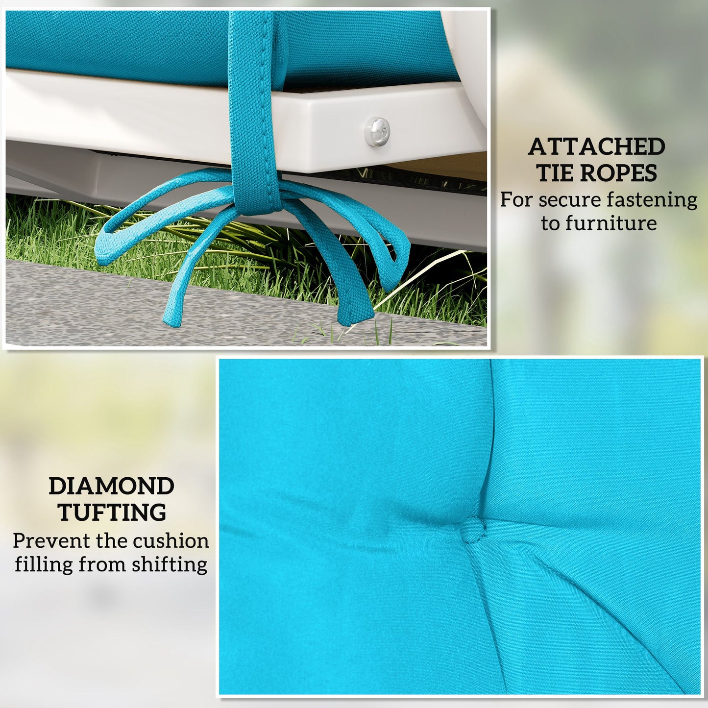 Garden Bench Cushion with Backrest, Non-Slip 2 Seater Thick Pad with Ties, Turquoise