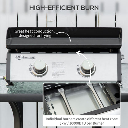 2 Burner Liquefied Gas Grill, Portable Tabletop BBQ Grill, for Camping, Picnic, Silver