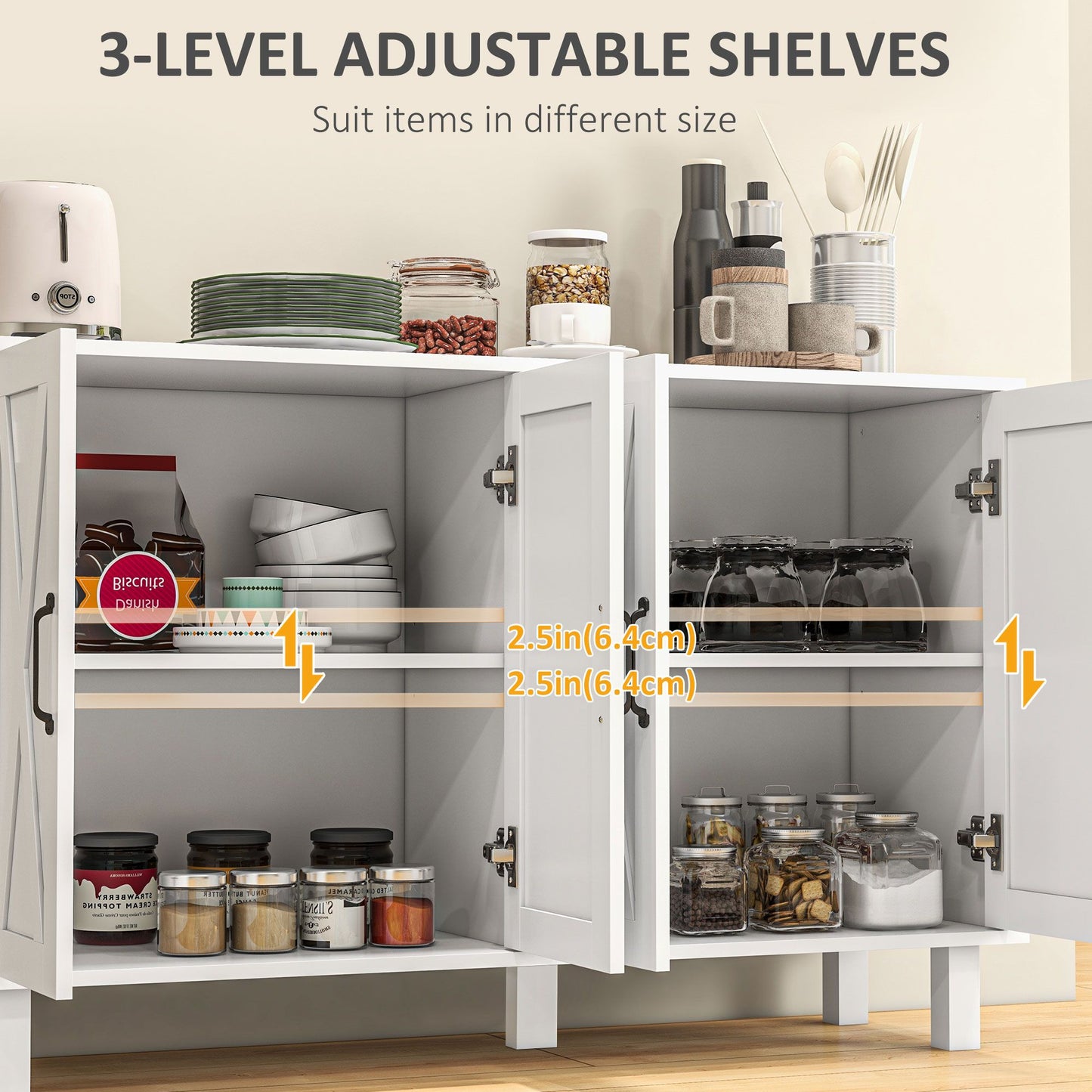 Kitchen Sideboard Cabinet with 4 Barn Doors and 2 Adjustable Shelves, Buffet Table for Living Room, Hallway, White