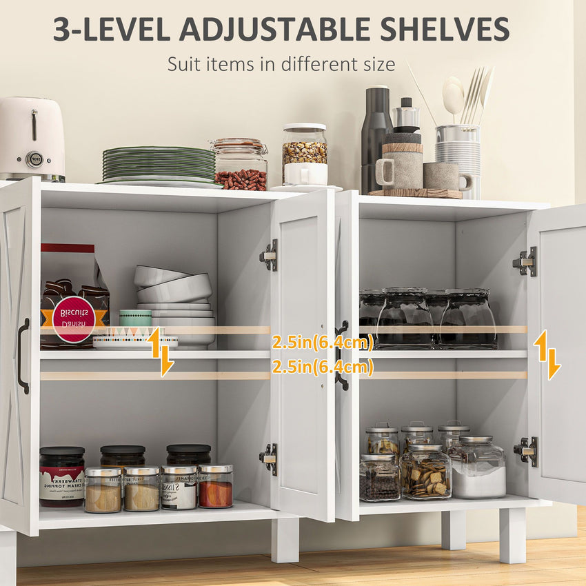 Kitchen Sideboard Cabinet with 4 Barn Doors and 2 Adjustable Shelves, Buffet Table for Living Room, Hallway, White