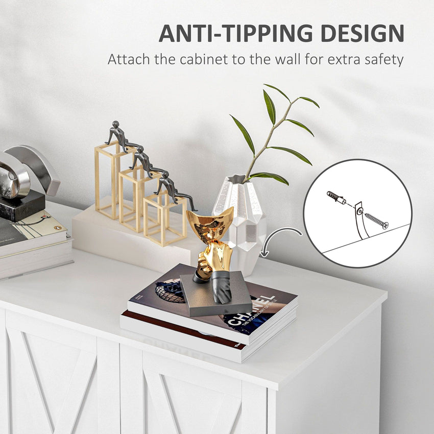 Kitchen Sideboard Cabinet with 4 Barn Doors and 2 Adjustable Shelves, Buffet Table for Living Room, Hallway, White