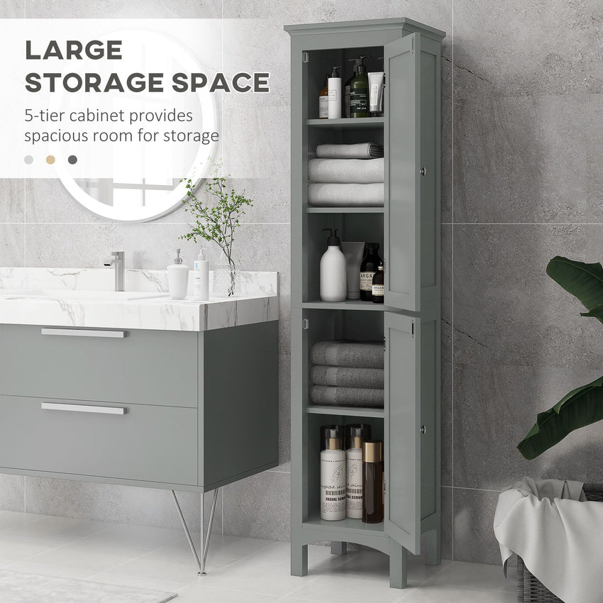Tall Bathroom Cabinet, Freestanding Storage Organizer with Adjustable Shelves and Cupboards, 15" x 13" x 63", Grey