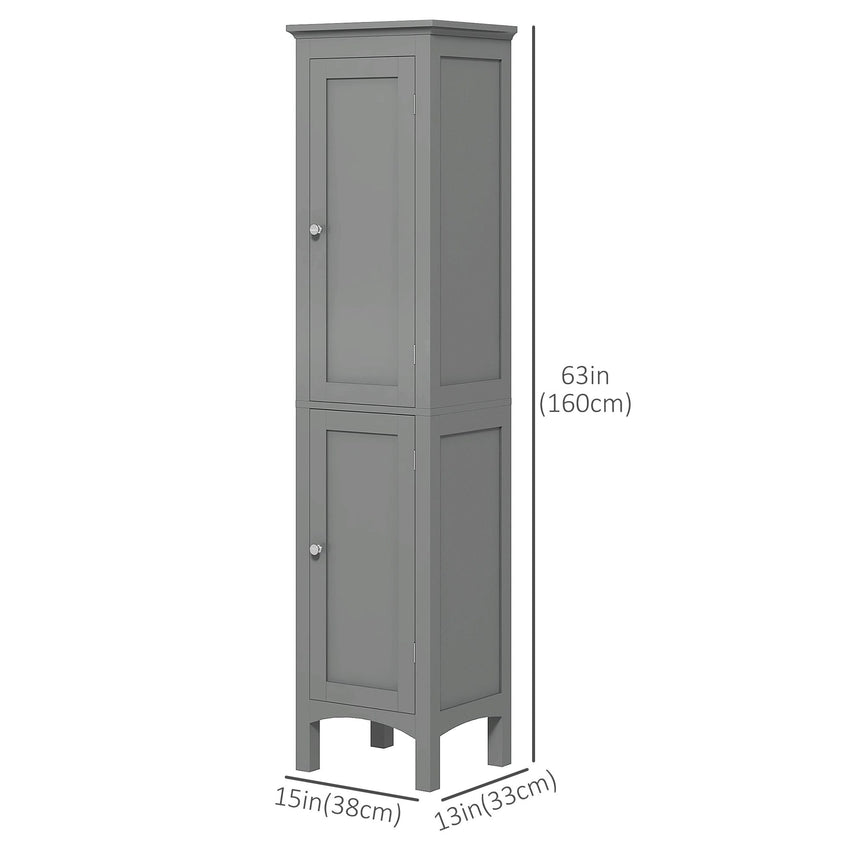 Tall Bathroom Cabinet, Freestanding Storage Organizer with Adjustable Shelves and Cupboards, 15" x 13" x 63", Grey