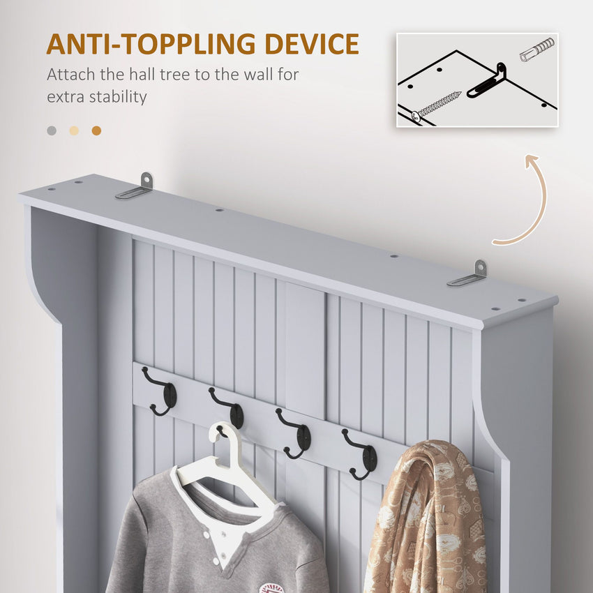 Modern 3-In-1 Entryway Hall Tree with Coat Rack, Bench and Shoe Storage, 5 Hooks for Hallway, Living Room, Grey