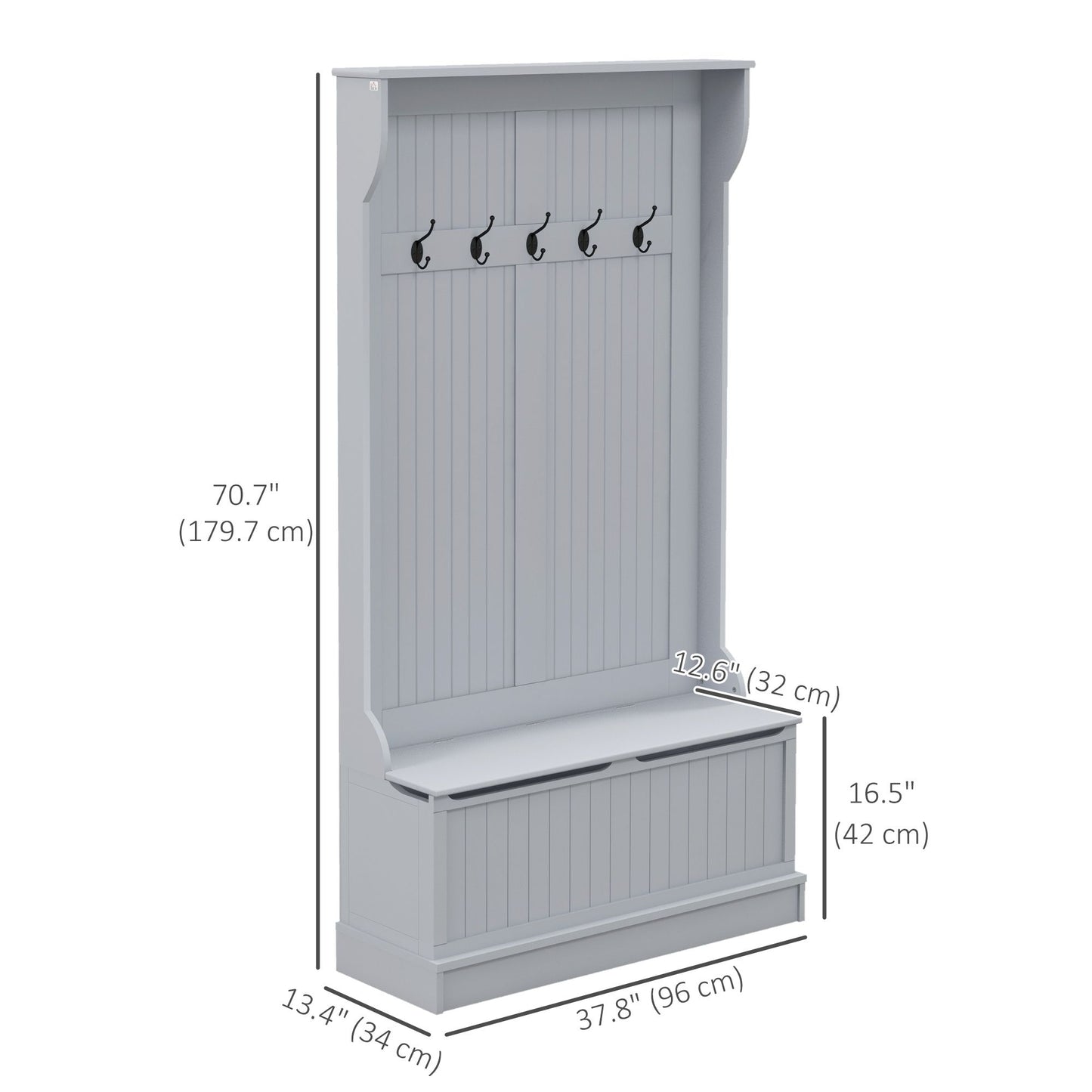 Modern 3-In-1 Entryway Hall Tree with Coat Rack, Bench and Shoe Storage, 5 Hooks for Hallway, Living Room, Grey