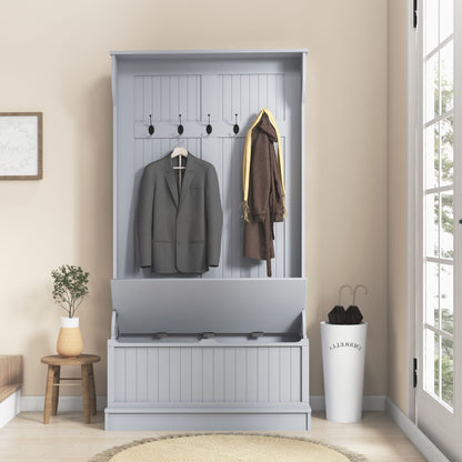 Modern 3-In-1 Entryway Hall Tree with Coat Rack, Bench and Shoe Storage, 5 Hooks for Hallway, Living Room, Grey