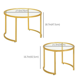 Round Coffee Table Set of 2, Modern Nesting Tables with Tempered Glass Top and Steel Frame for Living Room, Gold