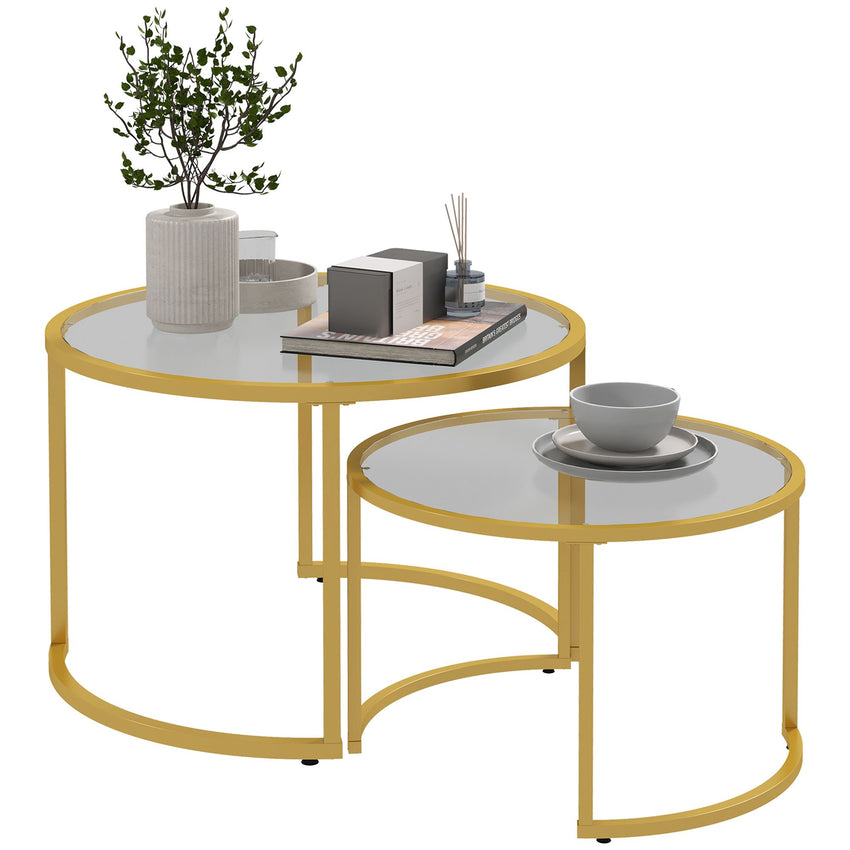 Round Coffee Table Set of 2, Modern Nesting Tables with Tempered Glass Top and Steel Frame for Living Room, Gold