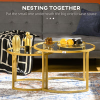 Round Coffee Table Set of 2, Modern Nesting Tables with Tempered Glass Top and Steel Frame for Living Room, Gold