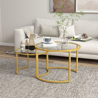 Round Coffee Table Set of 2, Modern Nesting Tables with Tempered Glass Top and Steel Frame for Living Room, Gold