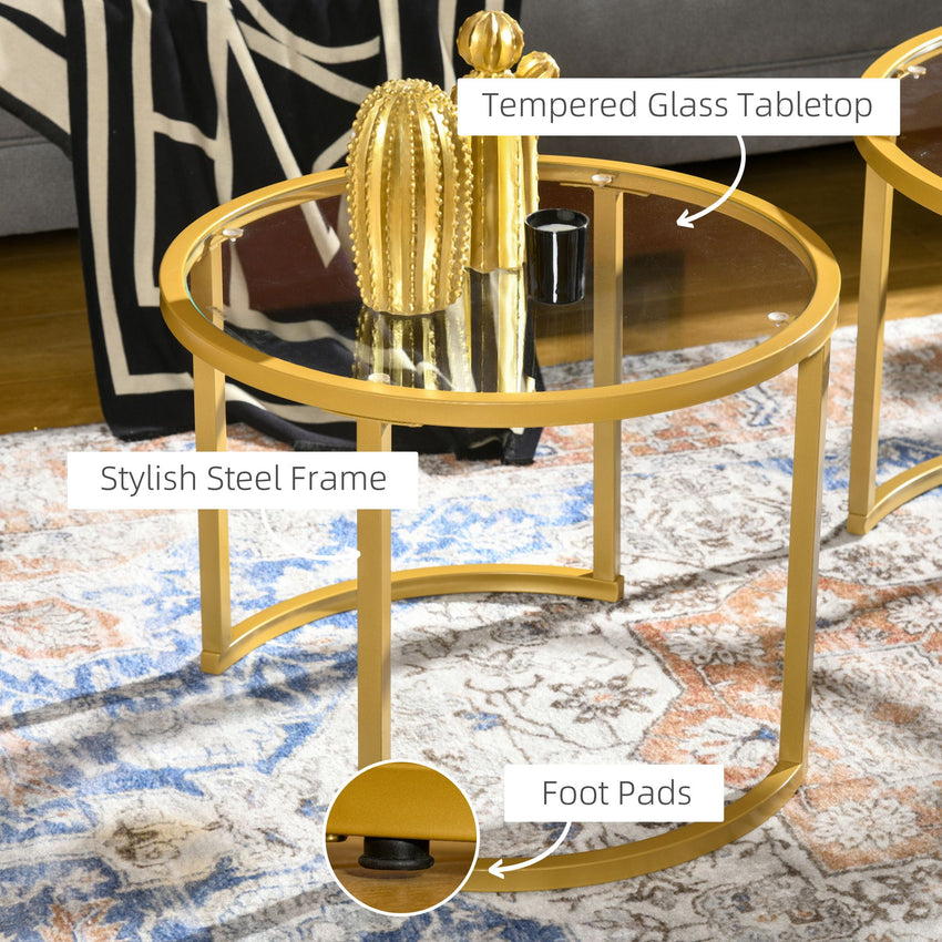Round Coffee Table Set of 2, Modern Nesting Tables with Tempered Glass Top and Steel Frame for Living Room, Gold