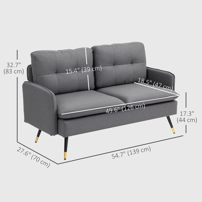 Modern 55" Loveseat, Fabric Love Seat Sofa with Button Tufted Back, Steel Legs for Bedroom, Living Room, Dark Grey
