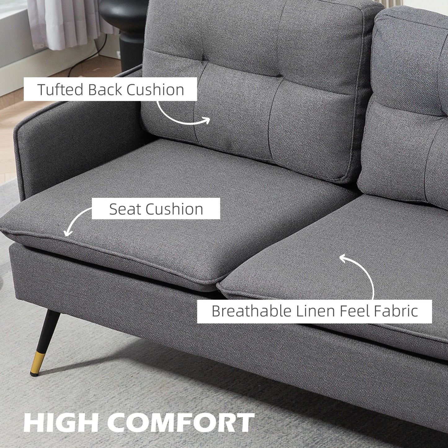 Modern 55" Loveseat, Fabric Love Seat Sofa with Button Tufted Back, Steel Legs for Bedroom, Living Room, Dark Grey