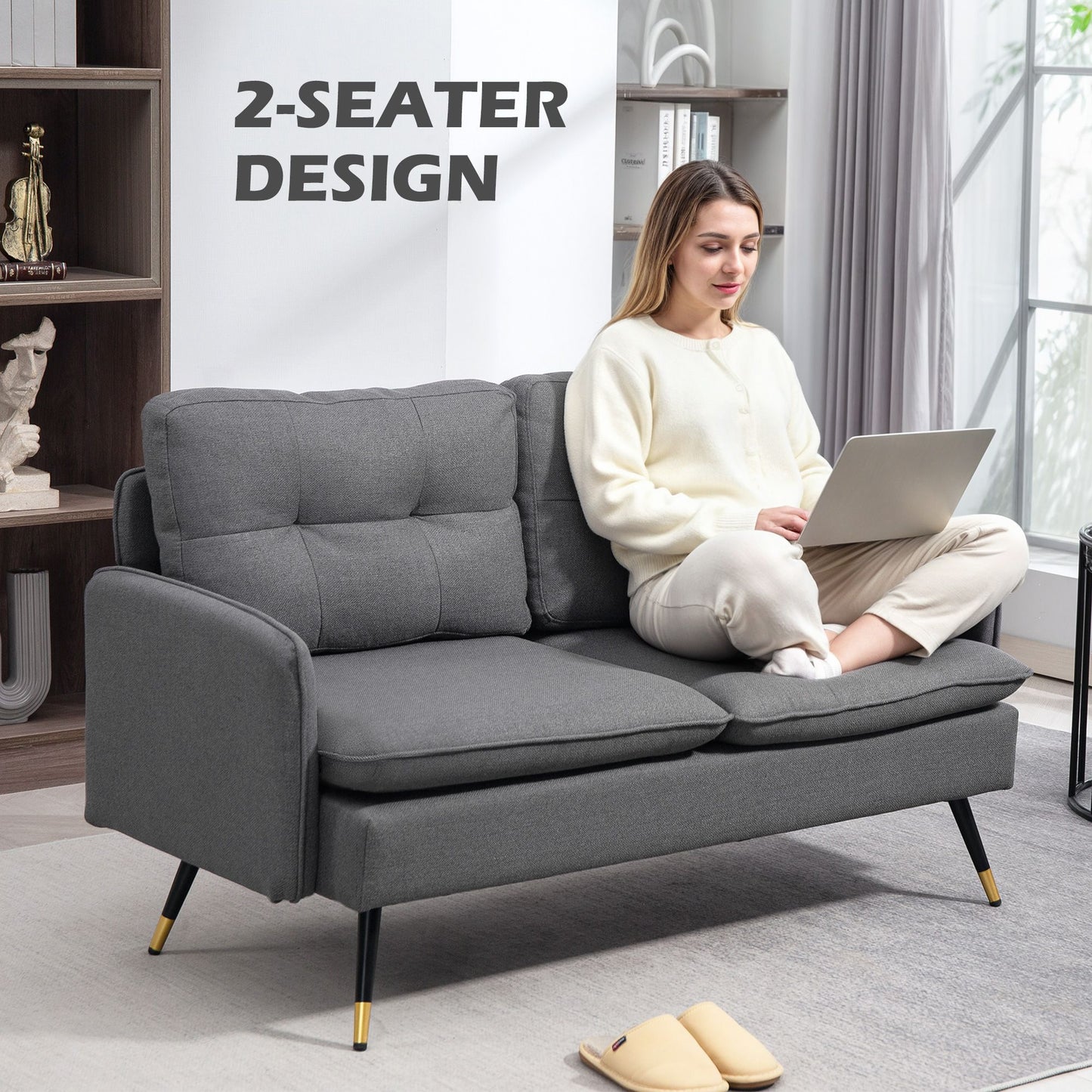 Modern 55" Loveseat, Fabric Love Seat Sofa with Button Tufted Back, Steel Legs for Bedroom, Living Room, Dark Grey