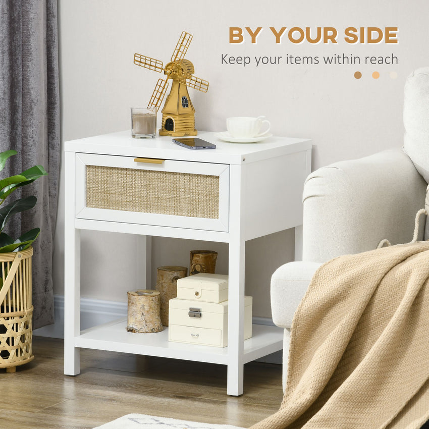 Boho Nightstand, Bedside Table with Rattan Drawer and Open Shelf, Side End Table for Bedroom, Living Room