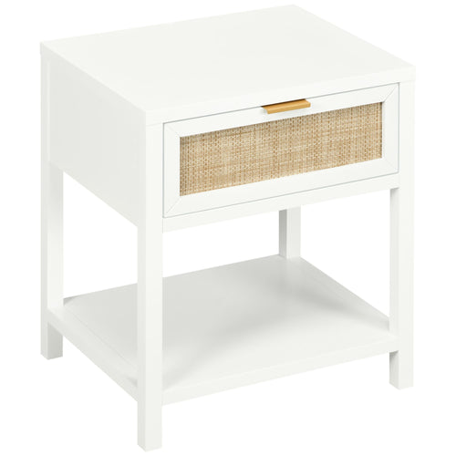 Boho Nightstand, Bedside Table with Rattan Drawer and Open Shelf, Side End Table for Bedroom, Living Room
