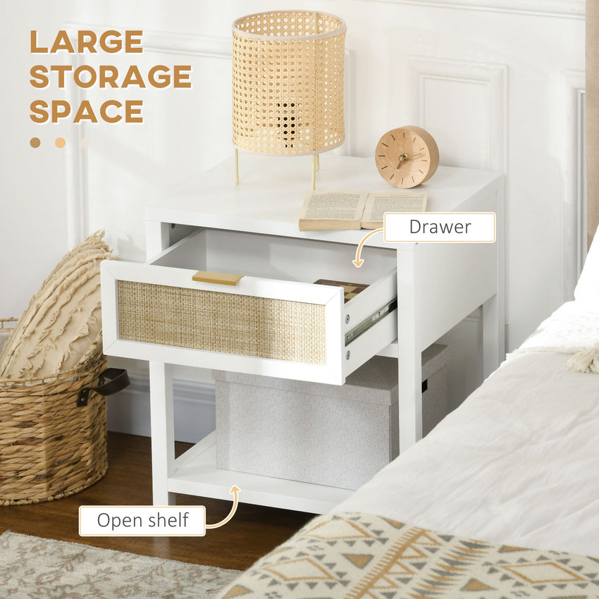 Boho Nightstand, Bedside Table with Rattan Drawer and Open Shelf, Side End Table for Bedroom, Living Room
