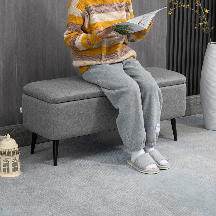 40" Ottoman with Storage, Linen Upholstered Storage Ottoman Bench with Steel Legs for Living Room, Bedroom Grey