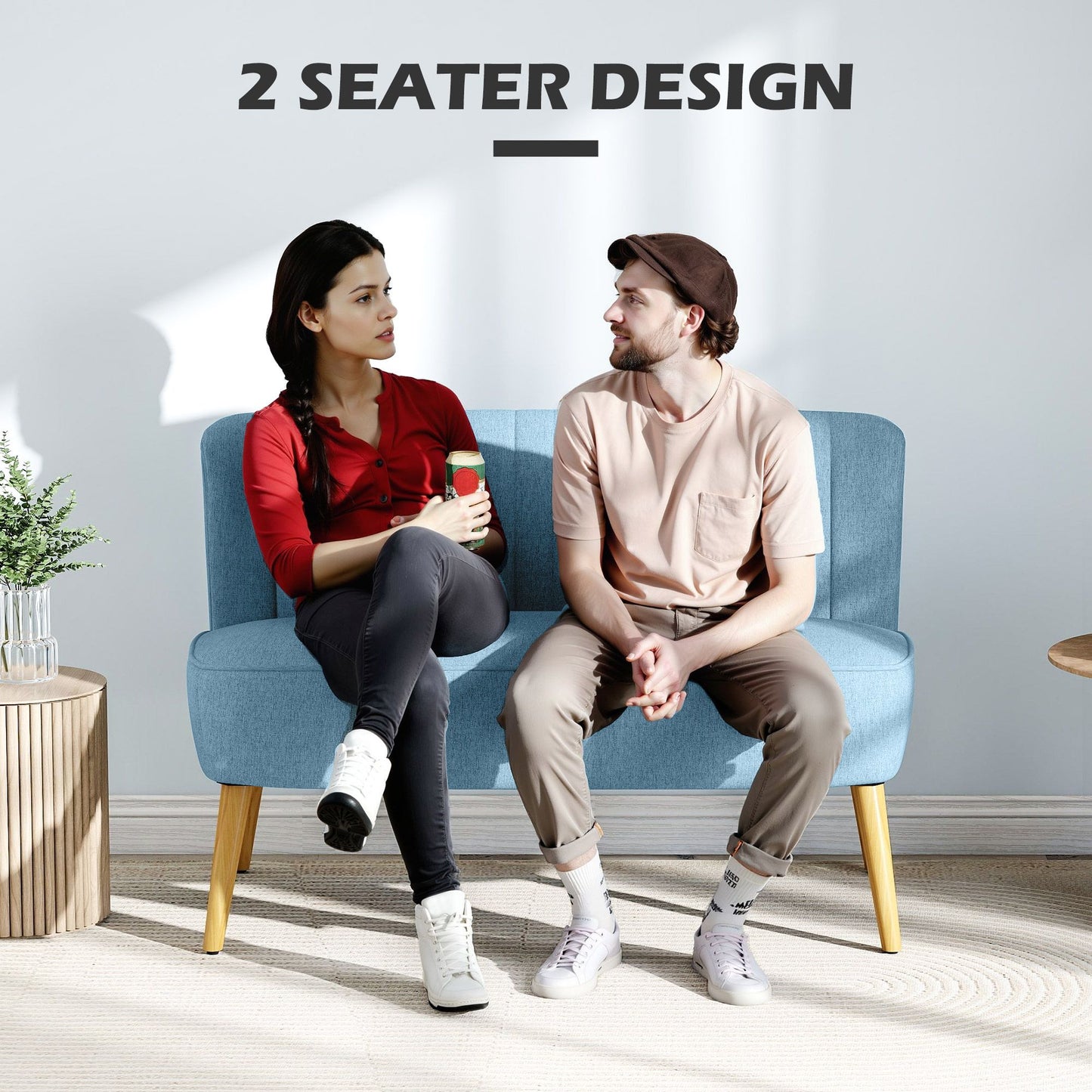 Modern 2 Seat Sofa for Bedroom, Upholstered Two Seater Couch with Rubber Wood Legs, Blue