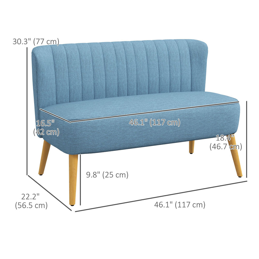 Modern 2 Seat Sofa for Bedroom, Upholstered Two Seater Couch with Rubber Wood Legs, Blue