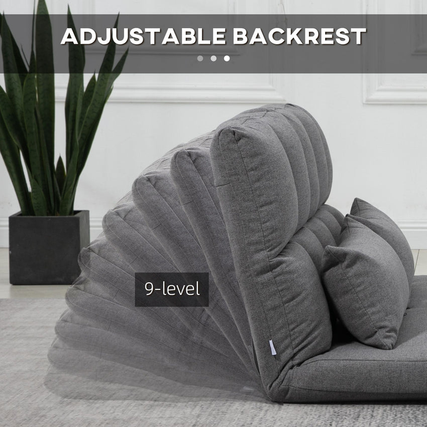 51" Folding Floor Sofa, Foldable 2-Seater Lazy Sofa Sleeper Bed, Adjustable Linen Floor Couch with 9-position Backrest, 2 Pillows and Wide Seat for Living Room, Grey