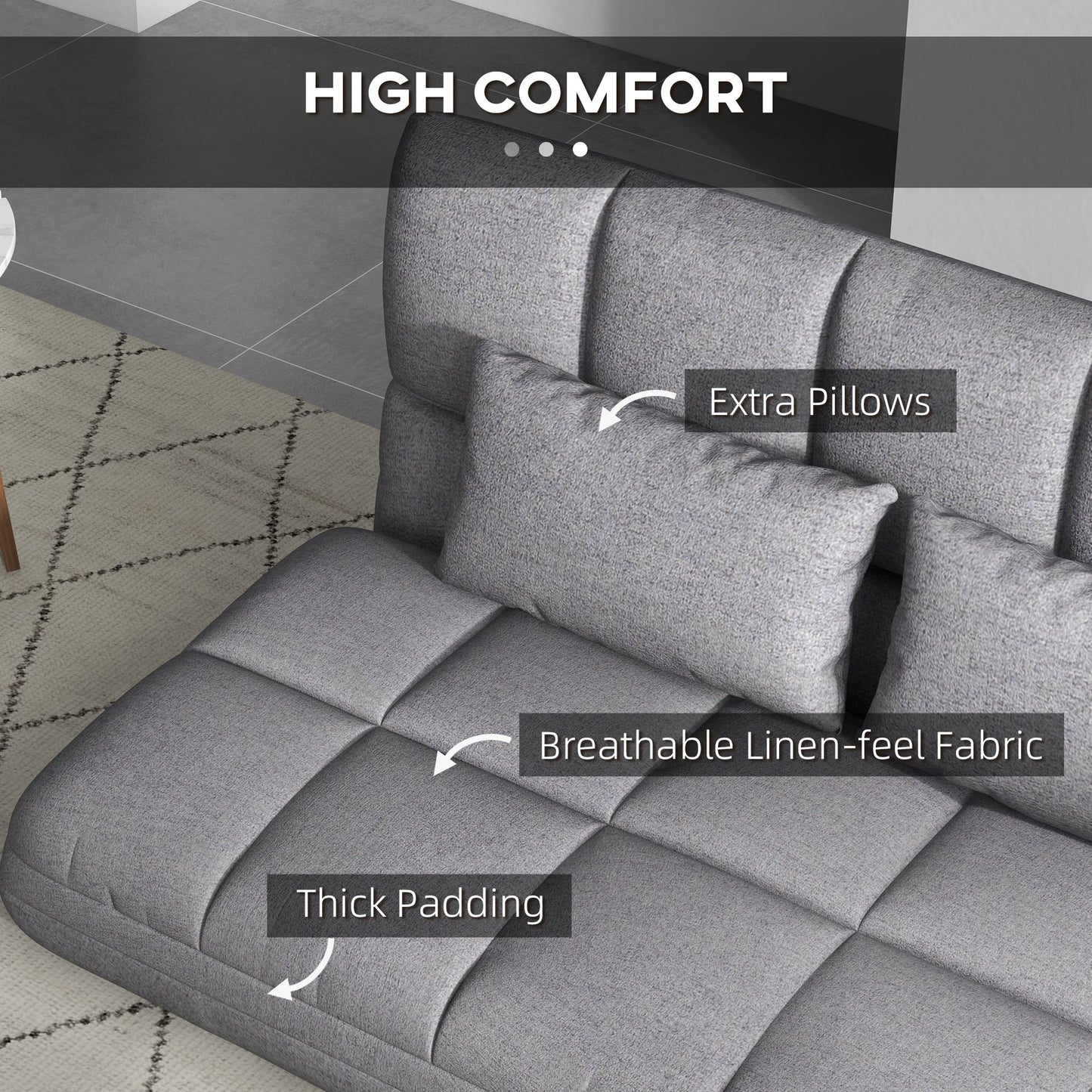 51" Folding Floor Sofa, Foldable 2-Seater Lazy Sofa Sleeper Bed, Adjustable Linen Floor Couch with 9-position Backrest, 2 Pillows and Wide Seat for Living Room, Grey