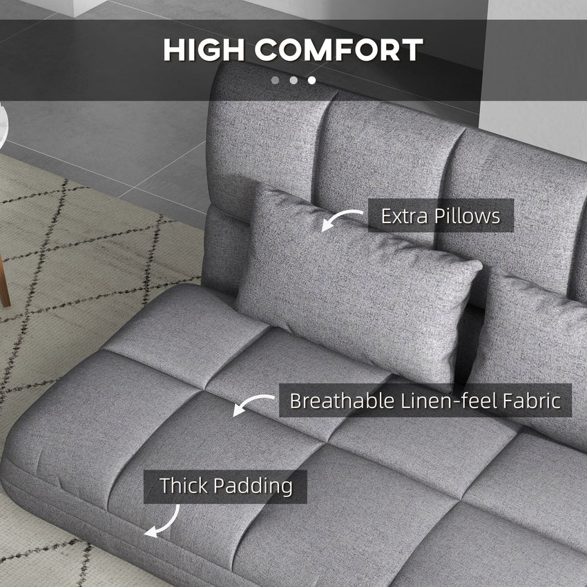 51" Folding Floor Sofa, Foldable 2-Seater Lazy Sofa Sleeper Bed, Adjustable Linen Floor Couch with 9-position Backrest, 2 Pillows and Wide Seat for Living Room, Grey