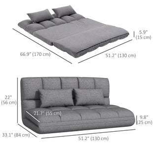 51" Folding Floor Sofa, Foldable 2-Seater Lazy Sofa Sleeper Bed, Adjustable Linen Floor Couch with 9-position Backrest, 2 Pillows and Wide Seat for Living Room, Grey