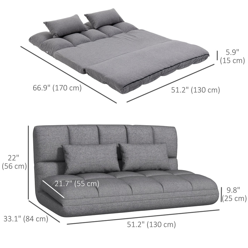 51" Folding Floor Sofa, Foldable 2-Seater Lazy Sofa Sleeper Bed, Adjustable Linen Floor Couch with 9-position Backrest, 2 Pillows and Wide Seat for Living Room, Grey