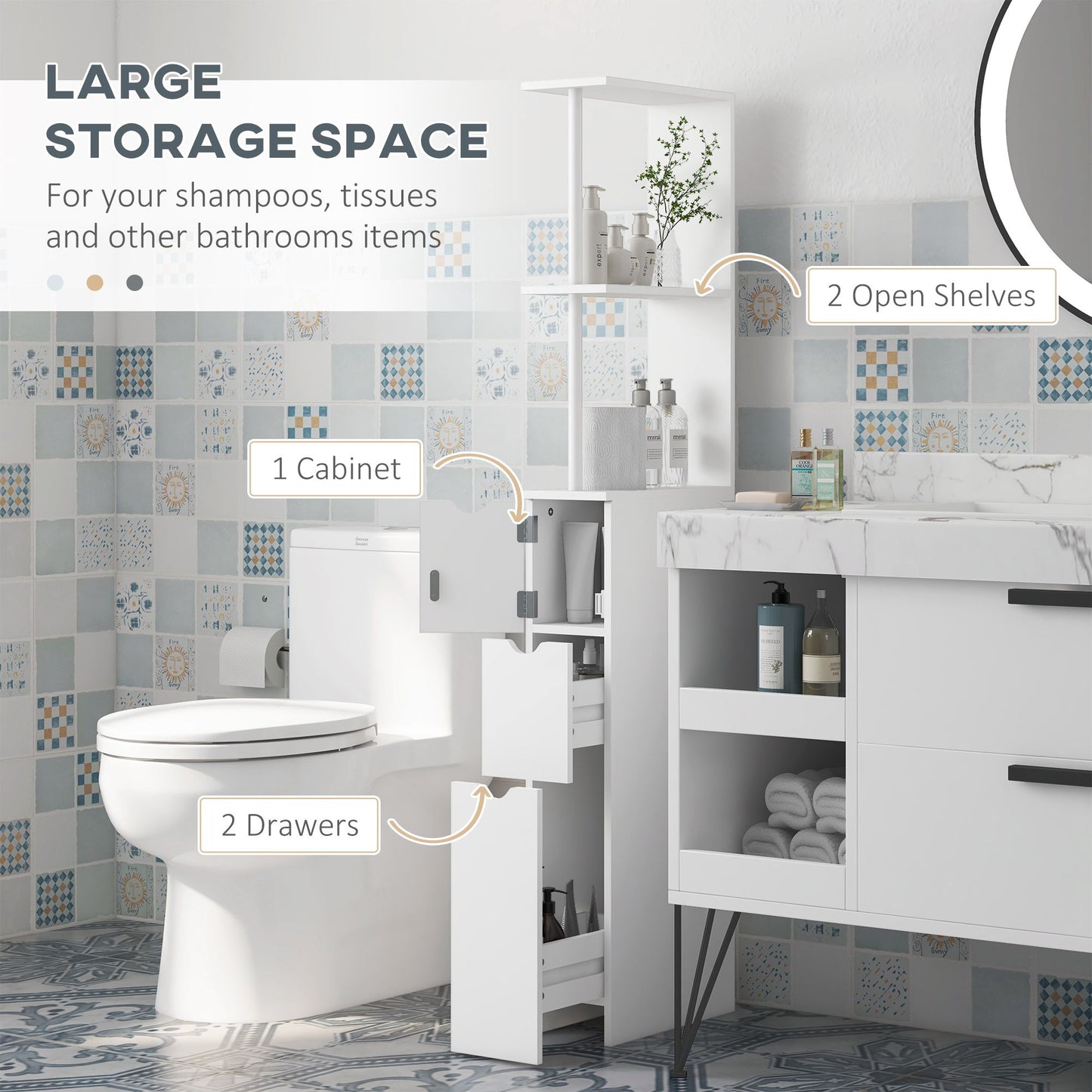 Tall Bathroom Storage Cabinet, Narrow Bathroom Cabinet with Drawers and Open Shelves for Small Spaces, White